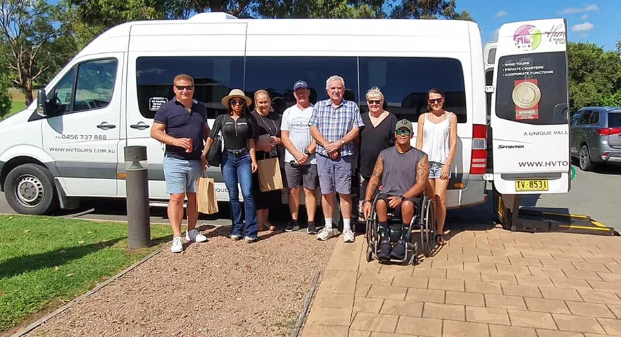 Guests boarding the accessible Hunter Valley Tours minibus