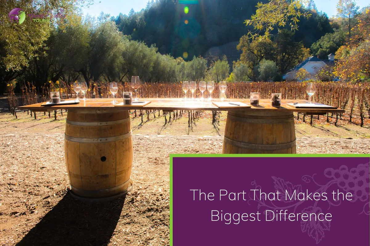 An outdoor wine-tasting table made of a wooden plank resting on two wine barrels
