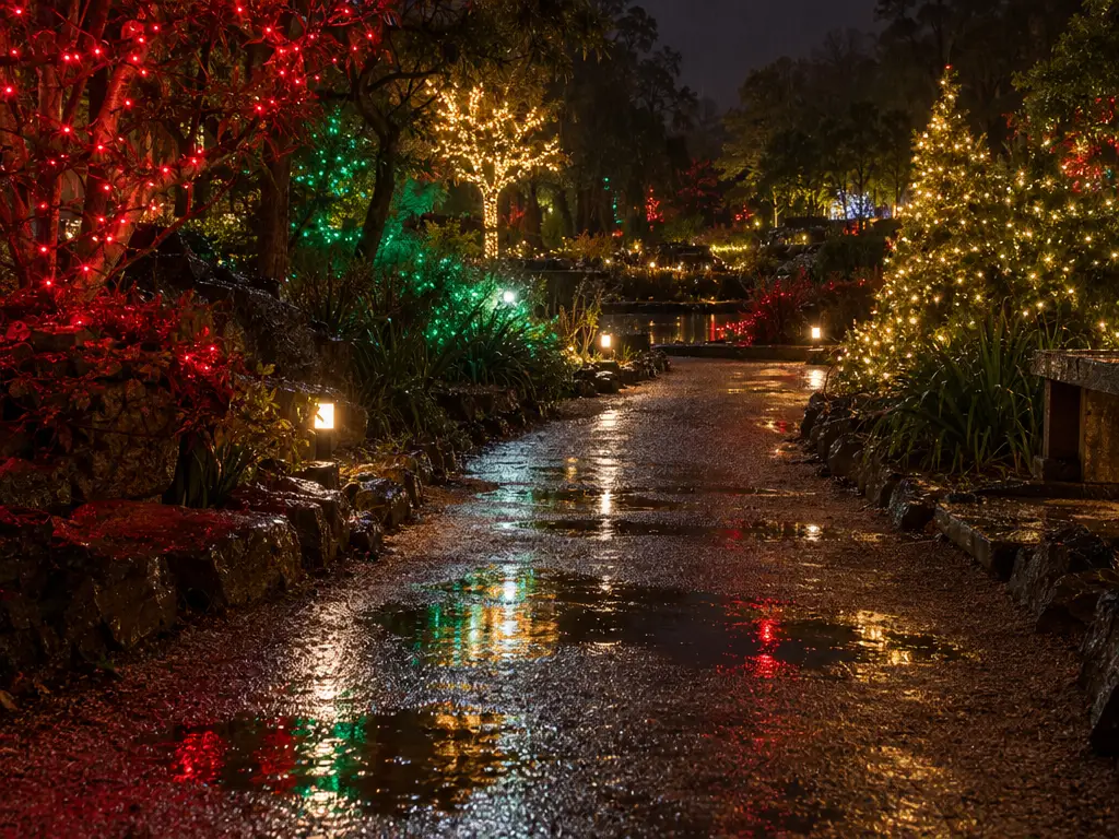A wet crushed-granite garden path at night in light rain, with puddles reflecting red, green and gold Christmas lights from displays along the edges.