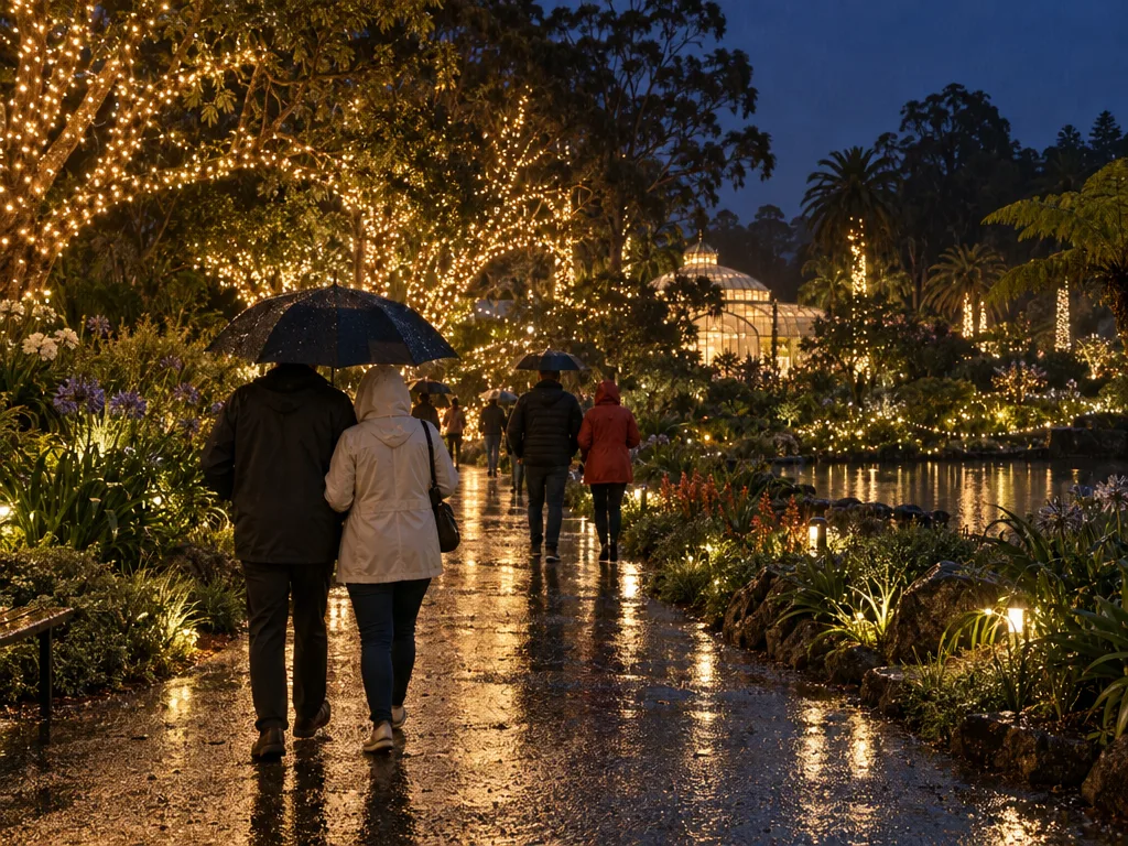 Night scene in a large garden lit with strings of Christmas lights reflected in a wet path, light summer rain falling, a few visitors seen from behind under umbrellas and rain jackets, with a lit glasshouse and a pond beyond.