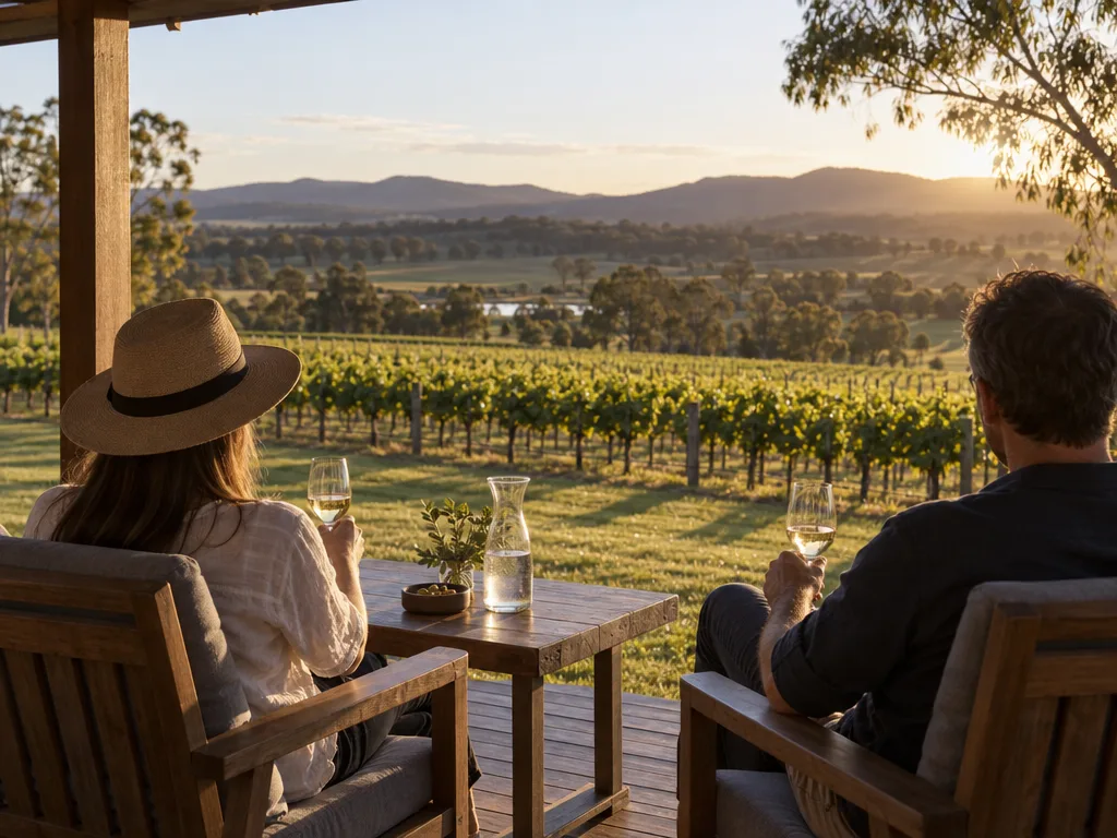 Late-afternoon scene on a timber verandah looking out over rows of vines to distant hills, long shadows across the grass, two adults seen from behind relaxing in timber armchairs, each holding a half-full glass of white wine, with a water carafe on the table between them.