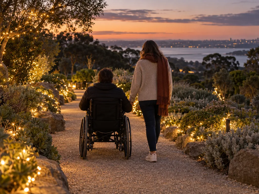 Evening scene on a wide crushed-granite garden path edged with warm Christmas lights, a person in a manual wheelchair and a companion walking beside them, both seen from behind, the path sloping gently ahead towards water and distant lights under a sunset sky.