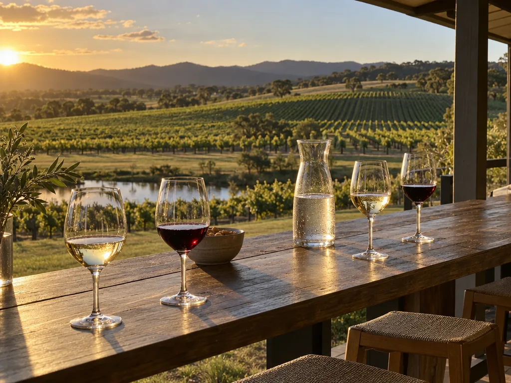 A late-afternoon vineyard seen from a cellar-door verandah. Rows of grapevines run over a low hill under long golden shadows. A timber tasting bench holds several stemmed wine glasses and a glass water carafe.