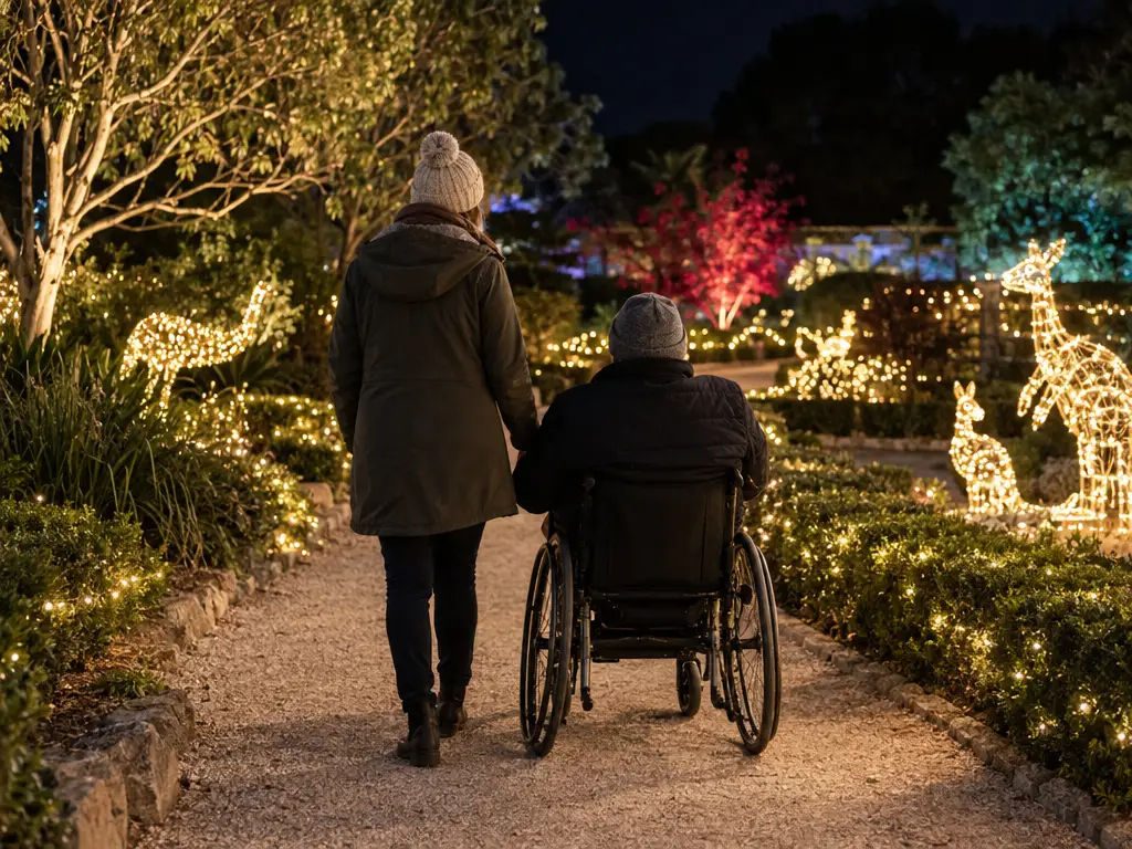 A garden path of pale crushed granite at night, lined with low glowing Christmas light displays and lit hedges. A person in a manual wheelchair, seen from behind with no face visible, moves along the path with a companion walking beside them.