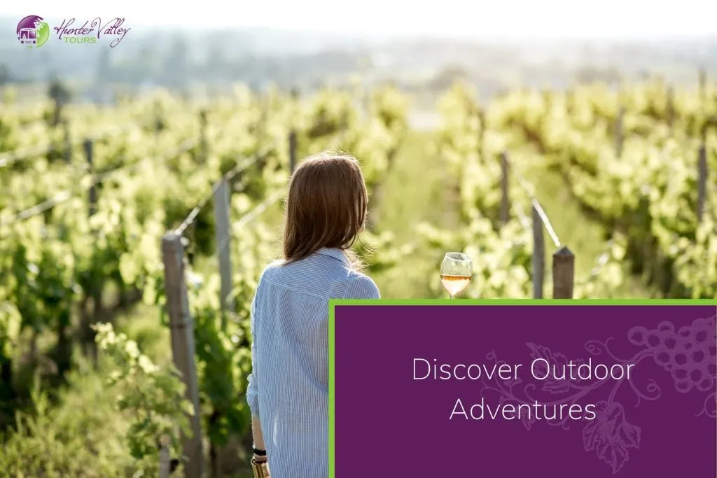 Woman holding a glass of white wine while walking through a lush vineyard during sunset, surrounded by green grapevines.