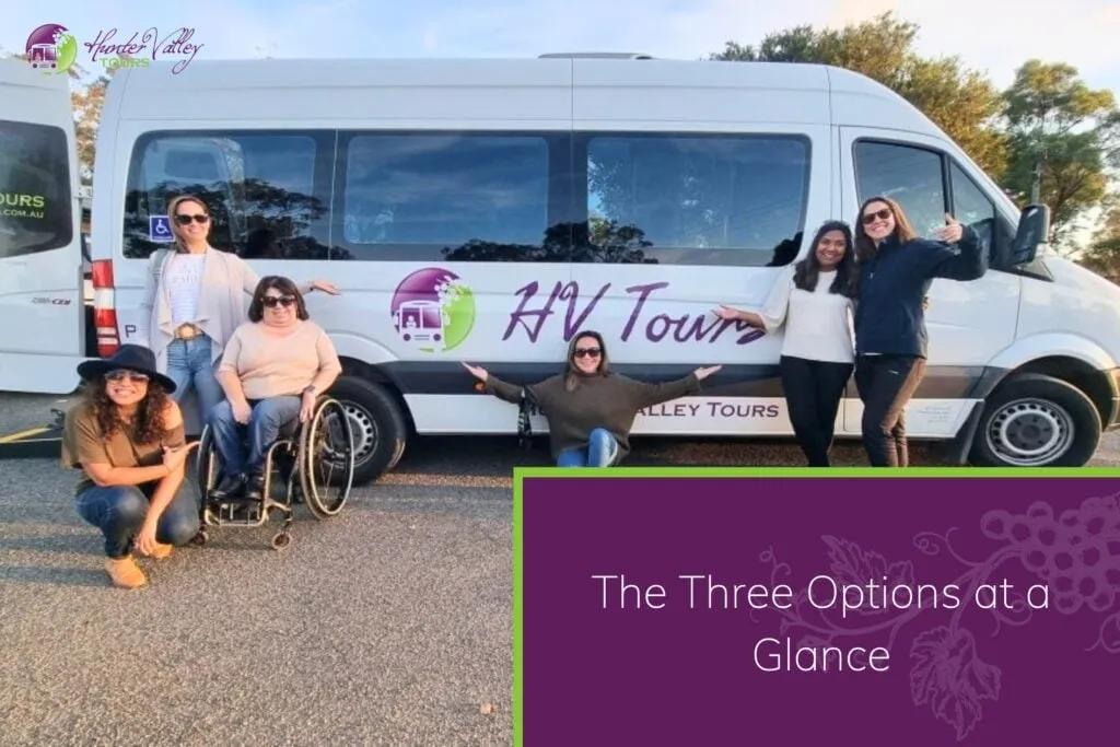 A group of six smiling people posing in front of a white "HV Tours" passenger van, including a woman in a wheelchair.
