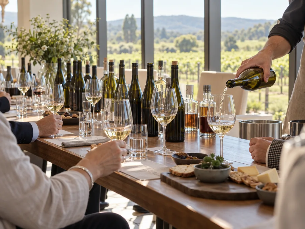 A long indoor tasting table in a bright resort function space on a late-spring afternoon, rows of unlabelled wine bottles and a few small spirit bottles, stemmed tasting glasses in a line, a hand pouring a small measure of white wine, and green vines through tall windows.
