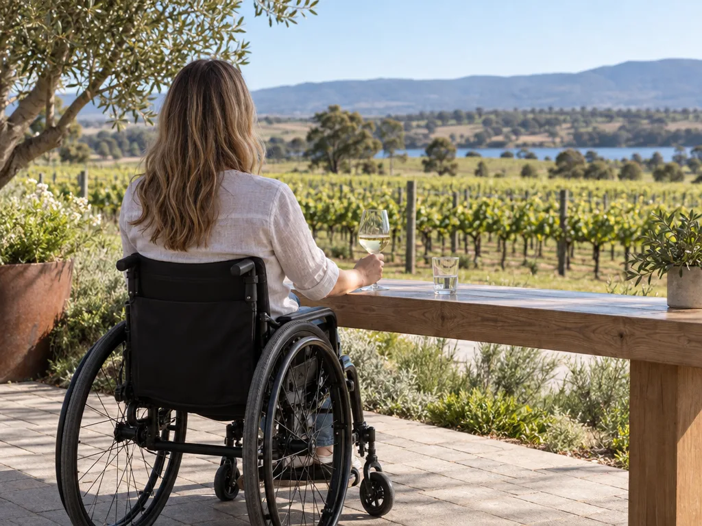 A paved outdoor terrace beside vines in late-spring light, a manual wheelchair pulled up to a low timber tasting bench, the person seen from behind holding a glass of white wine, with a small water glass on the bench.