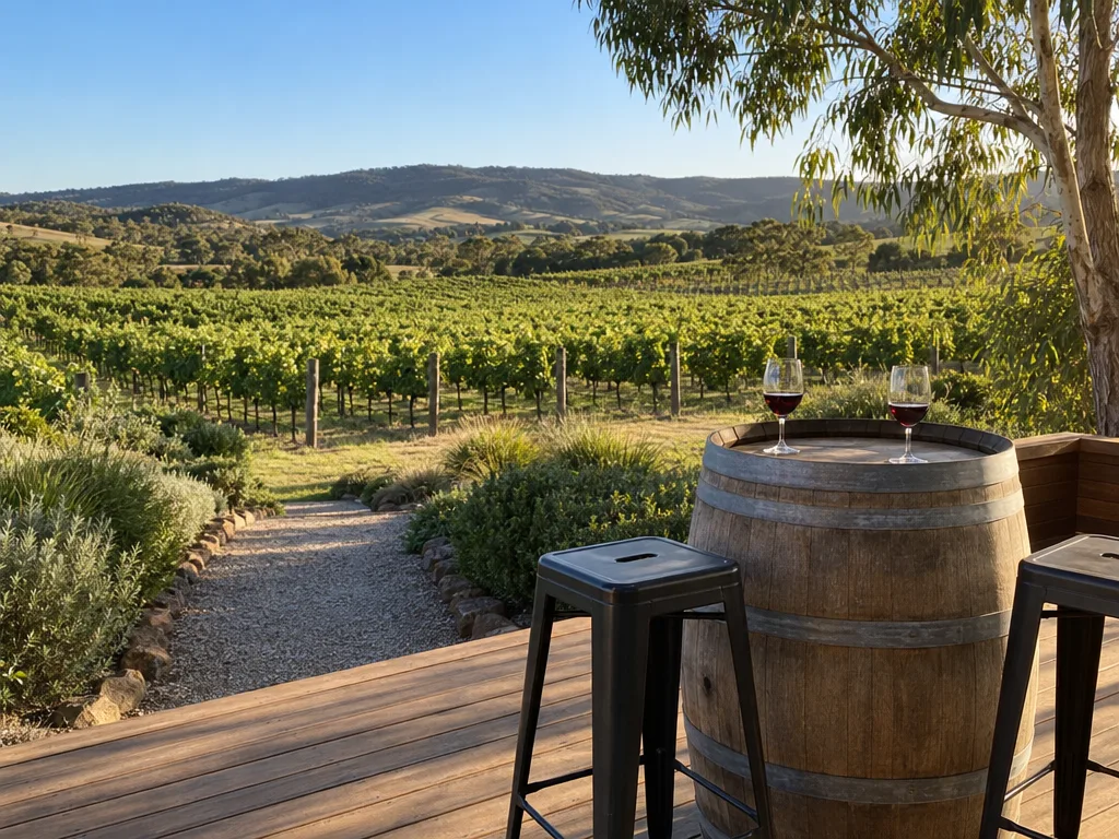 Late-November vineyard rows in full green leaf under a clear sky, low rolling hills behind, a gravel path leading to a timber deck with a wine barrel used as a table and two half-filled glasses of red wine on it.