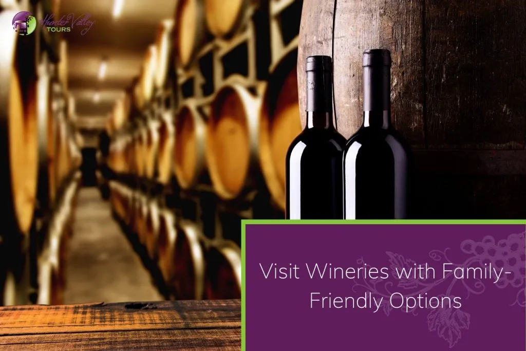 Two bottles of red wine on a wooden table inside a winery, with a blurred background of a traditional wine cellar filled with oak barrels.