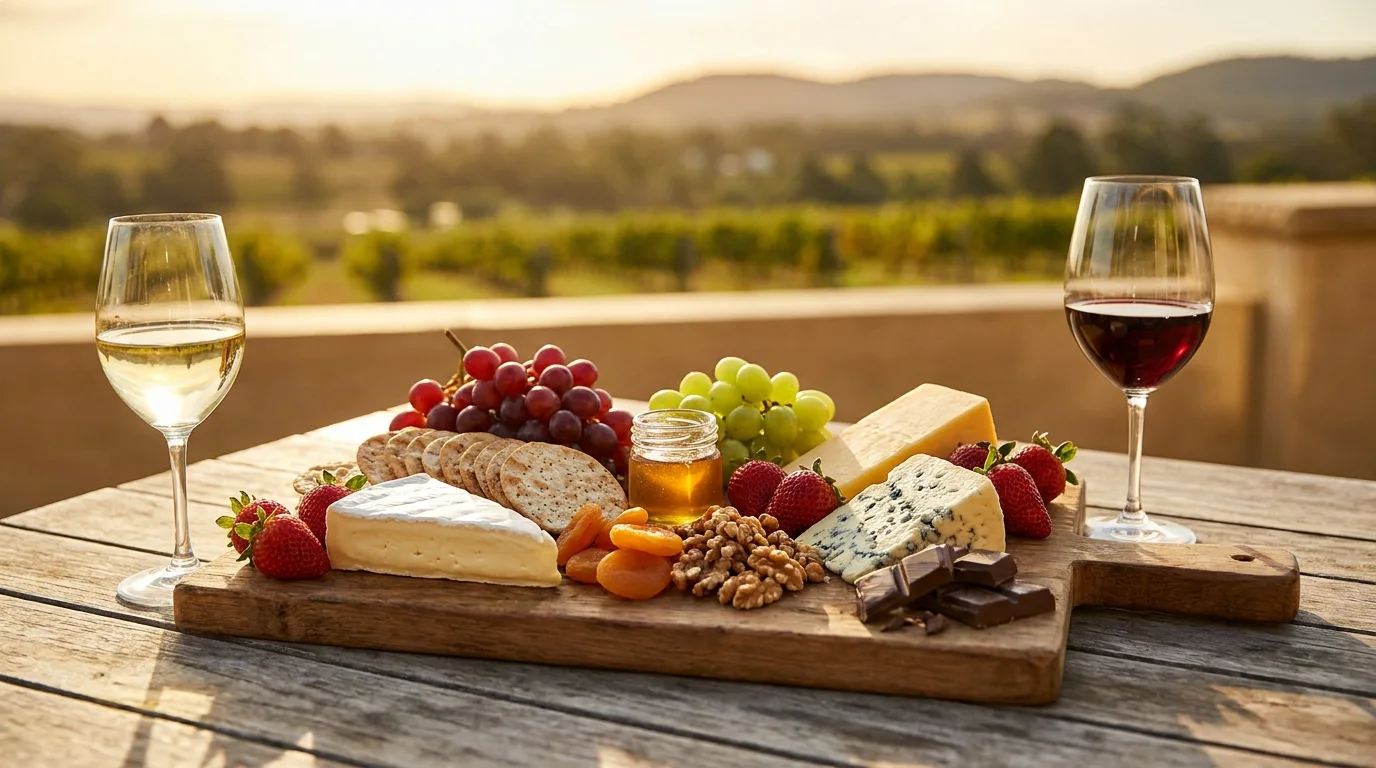 A cheese and charcuterie board with two glasses of wine