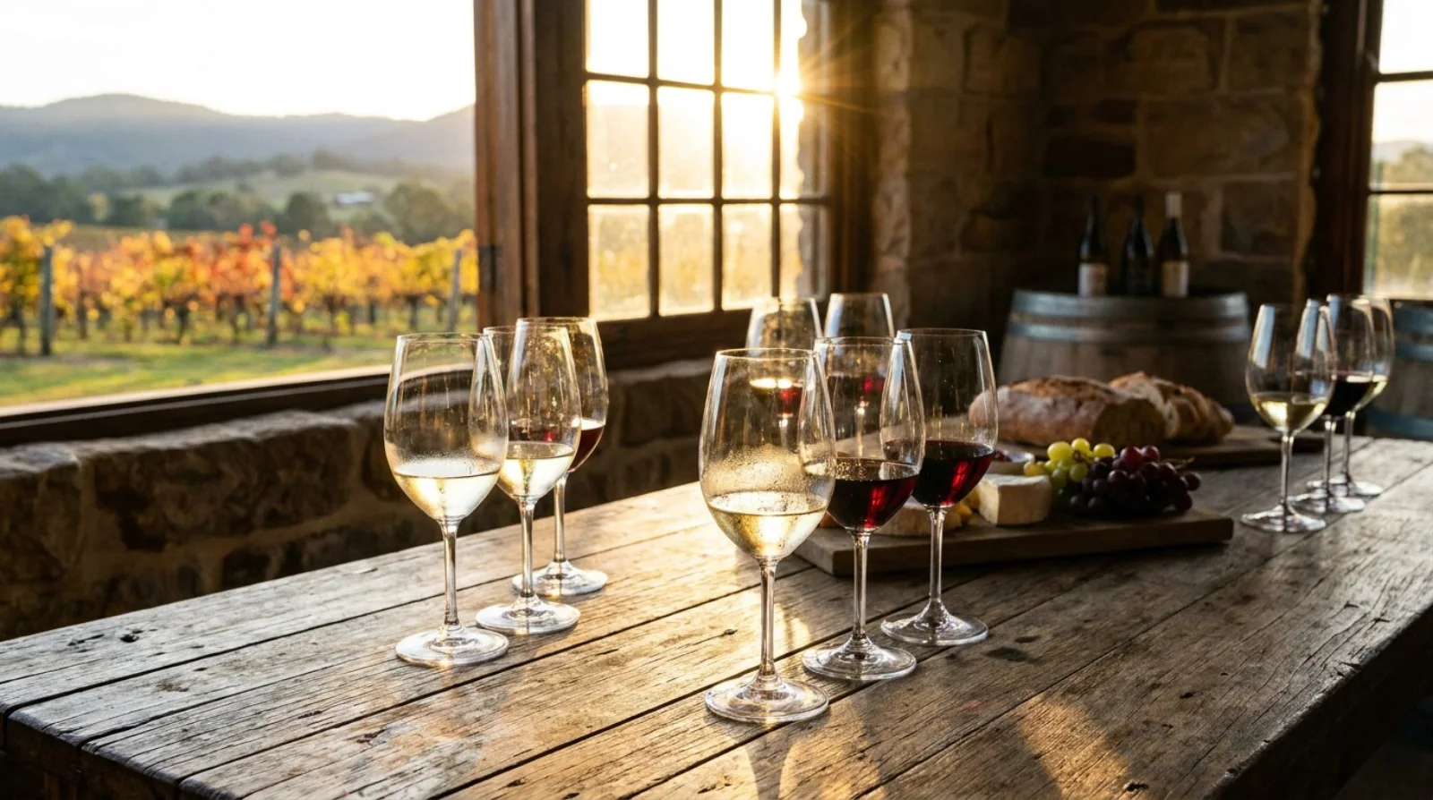 Glasses of semillon and shiraz on a timber tasting table at a Hunter Valley cellar door, late sun through the window