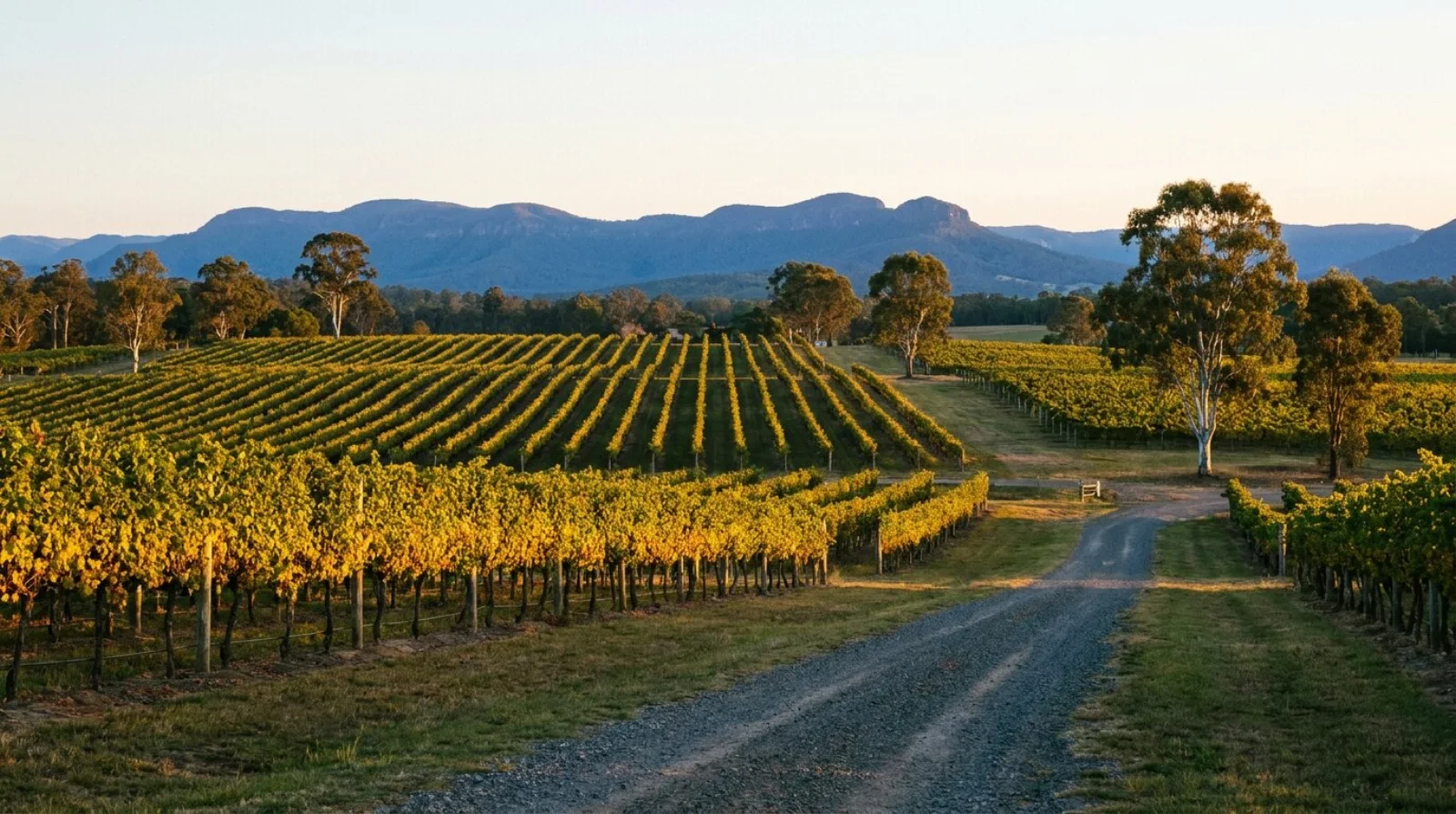 Golden hour over Pokolbin vineyard rows, gum trees and the Brokenback Range on the horizon