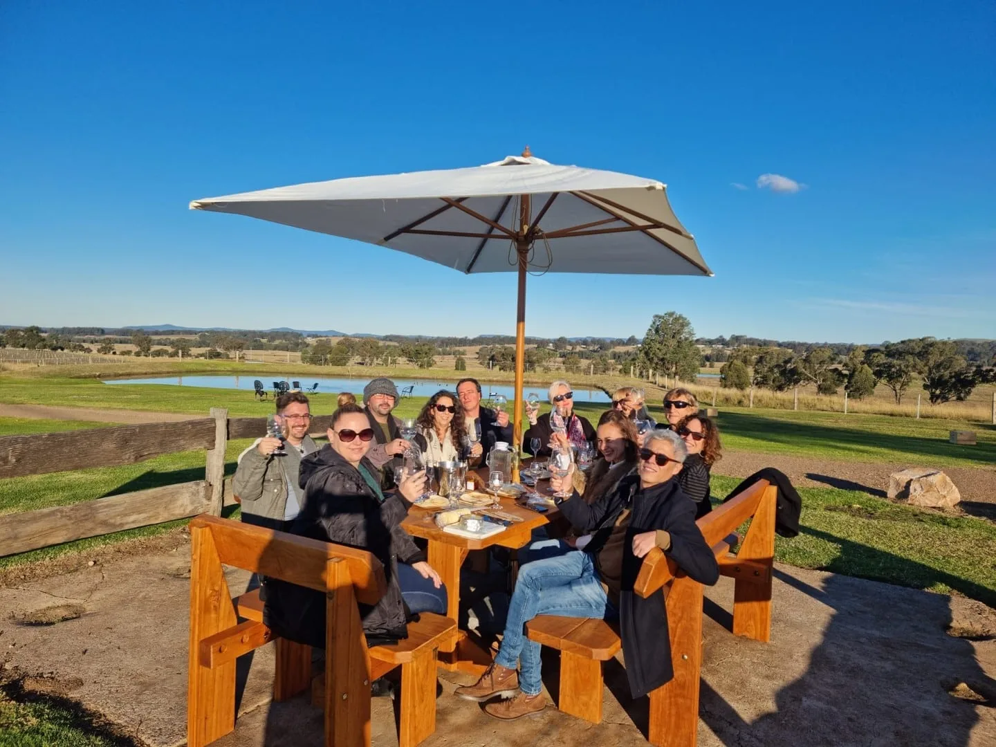 A long lunch under an umbrella with the Hunter Valley rolling away behind