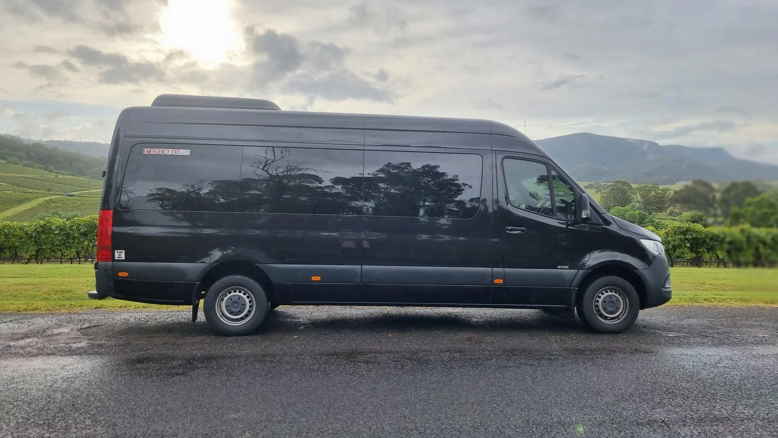 The Mercedes-Benz Sprinter on a vineyard road in the Hunter Valley