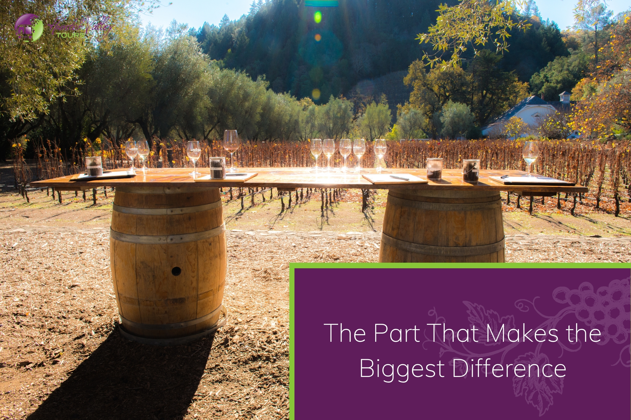 An outdoor wine-tasting table made of a wooden plank resting on two wine barrels